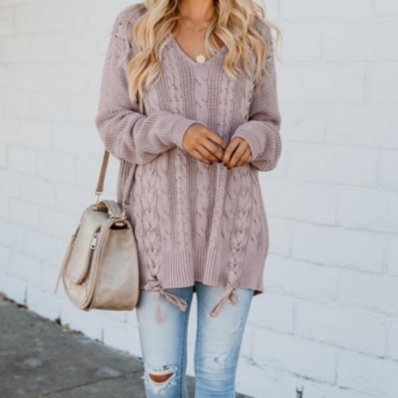 Oversized Cable Knit Lace Up Sweater | Mauve - Picture 2 of 6